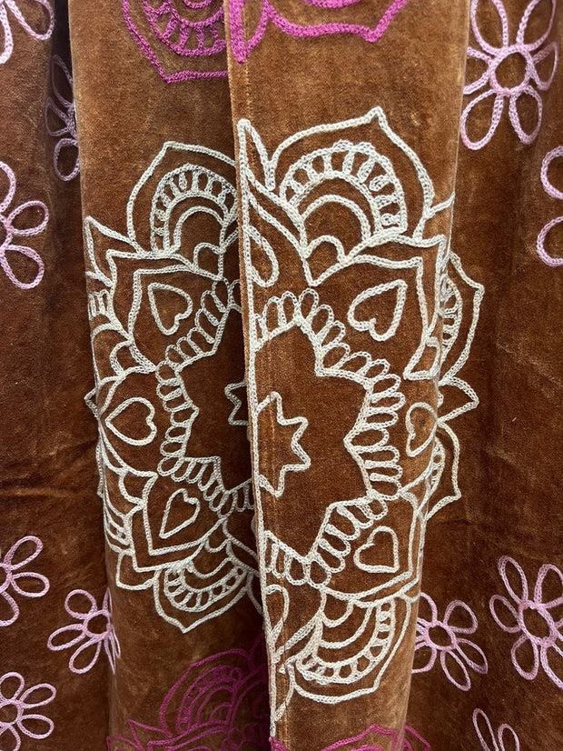 Long Velvet Embroidered Coat – Rust-Pink-Cream