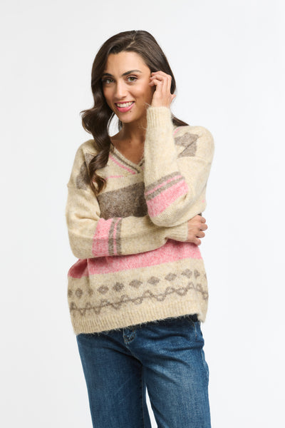 Flinders V Neck Jumper, pink and chocolate