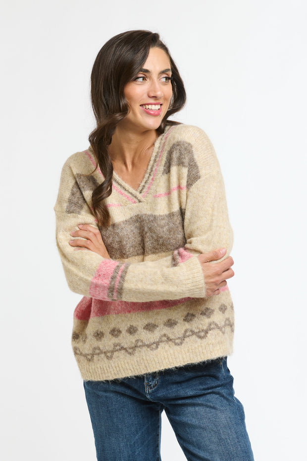 Flinders V Neck Jumper, pink and chocolate