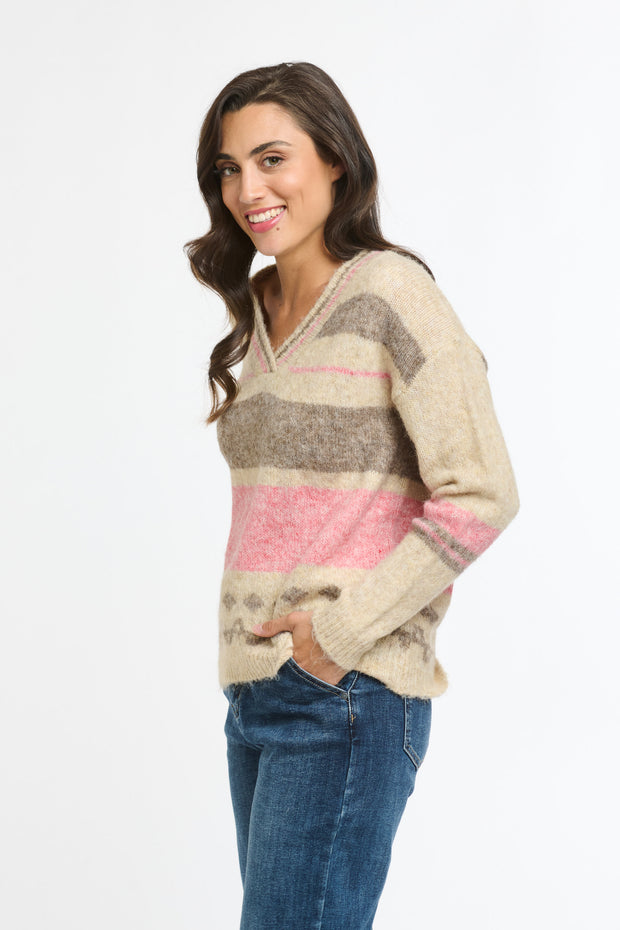 Flinders V Neck Jumper, pink and chocolate