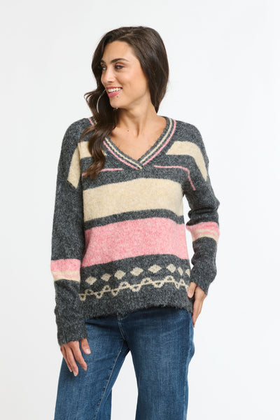 Flinders V Neck Jumper, pink and charcoal