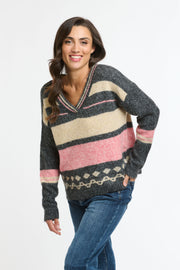 Flinders V Neck Jumper, pink and charcoal