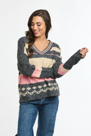 Flinders V Neck Jumper, pink and charcoal