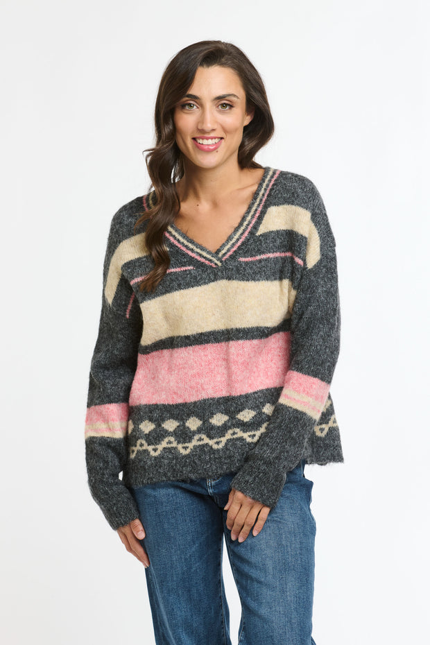 Flinders V Neck Jumper, pink and charcoal