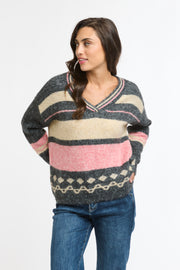 Flinders V Neck Jumper, pink and charcoal