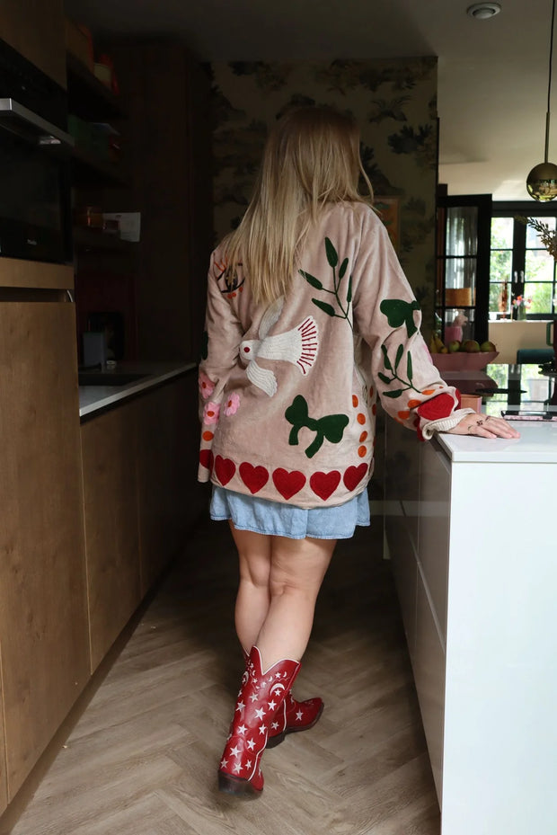 Birds Embroidered Short Coat – Beige