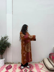 Long Velvet Embroidered Coat – Rust-Pink-Cream