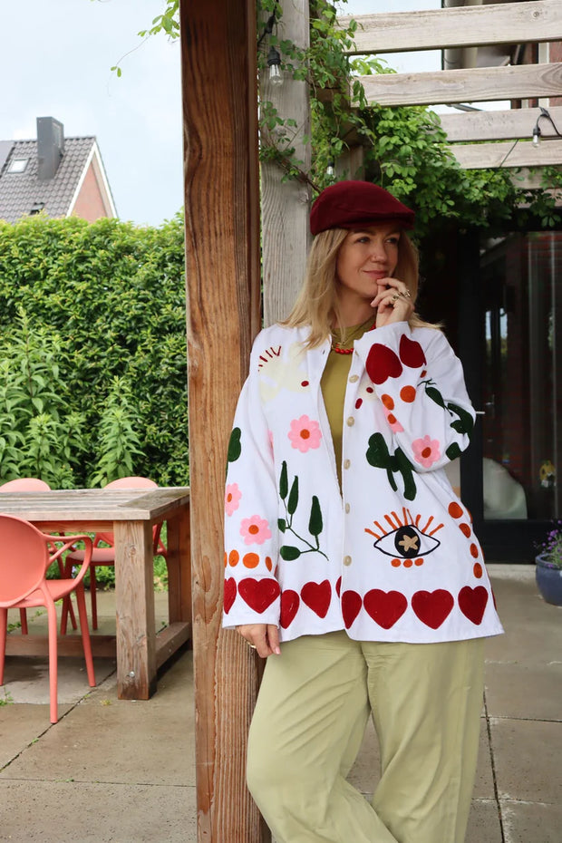 Birds Embroidered Short Coat – White