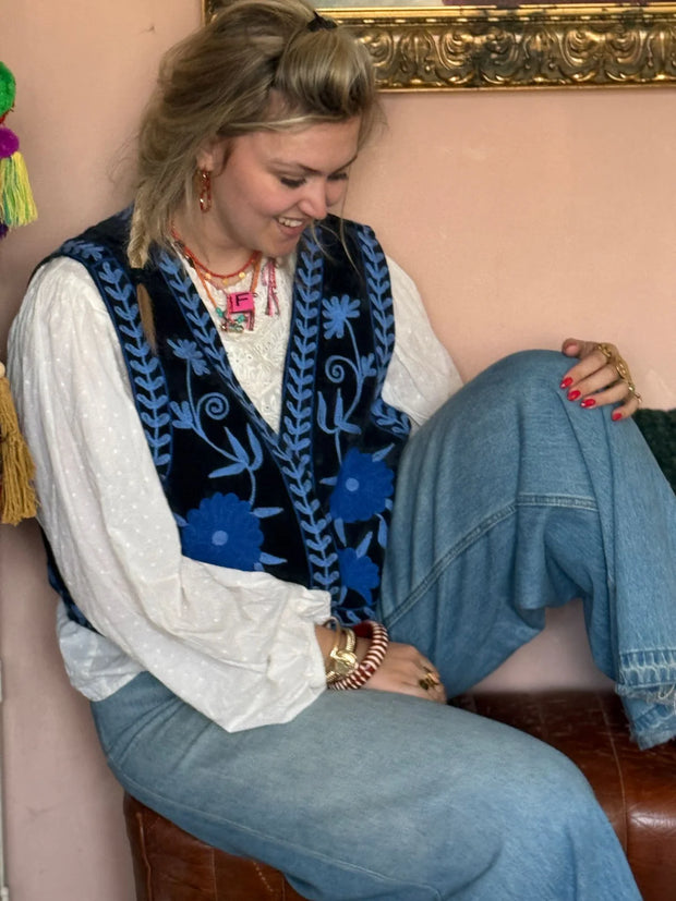 Suzani Embroidered Vest – Blue Black