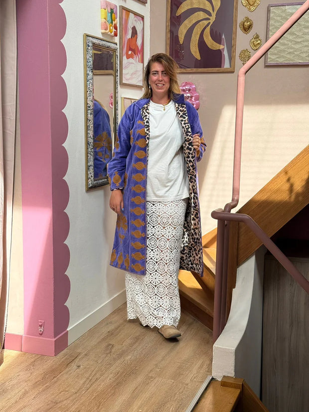 Long Velvet Embroidered Coat – Purple- Gold