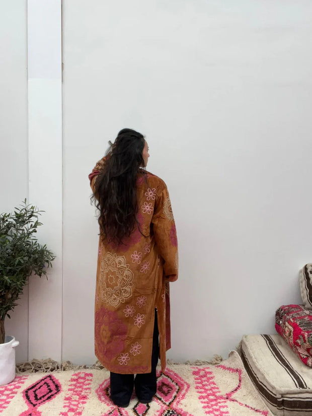 Long Velvet Embroidered Coat – Rust-Pink-Cream