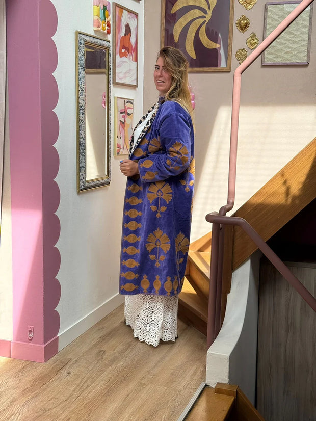 Long Velvet Embroidered Coat – Purple- Gold