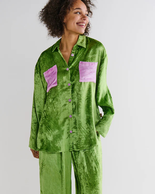 Pistachio Velvet Long Sleeve Shirt & Pyjama Set
