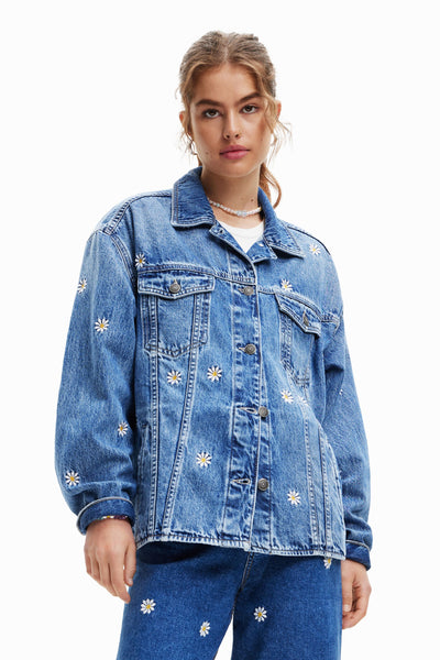 Denim,Trucker Style Jacket with Embroidered Daisies