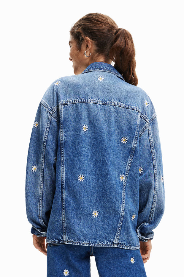 Denim,Trucker Style Jacket with Embroidered Daisies