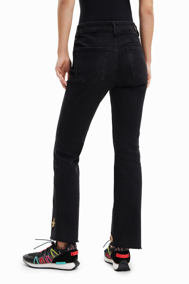 Black Flared Cropped Jeans, with Floral Embroidery
