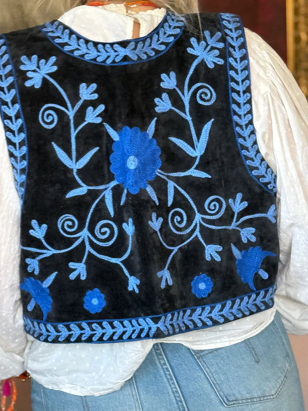 Suzani Embroidered Vest – Blue Black