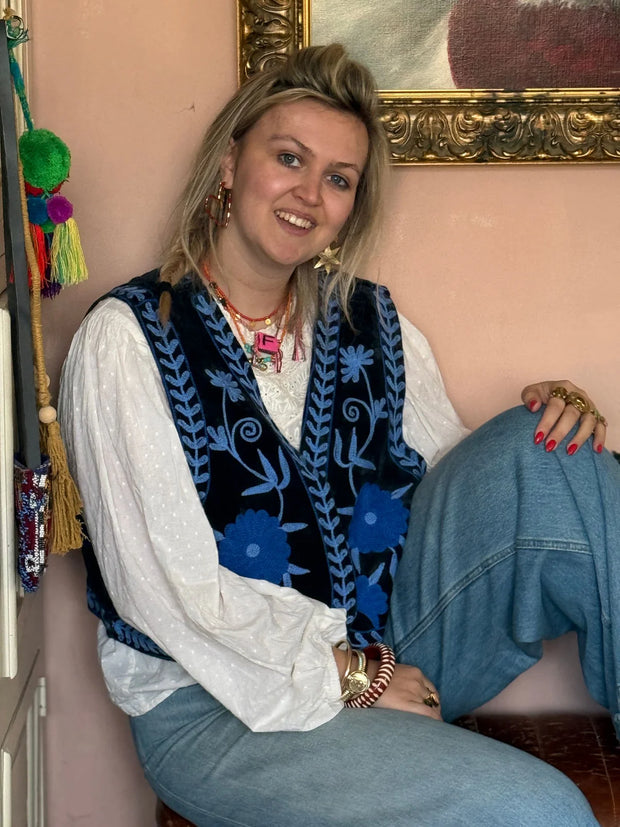 Suzani Embroidered Vest – Blue Black