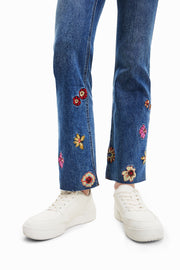Denim Flared Cropped Jeans, with Floral Embroidery