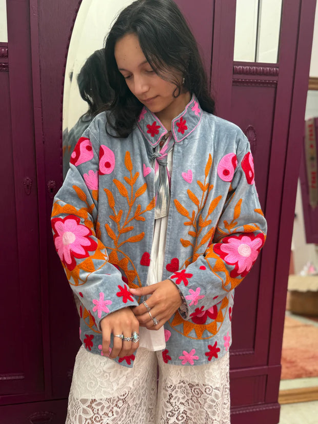 Yin Yang Floral Embroidered Short Coat – Grey-Pink