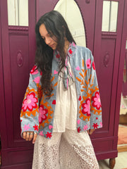 Yin Yang Floral Embroidered Short Coat – Grey-Pink