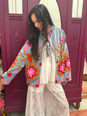 Yin Yang Floral Embroidered Short Coat – Grey-Pink