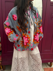 Yin Yang Floral Embroidered Short Coat – Grey-Pink