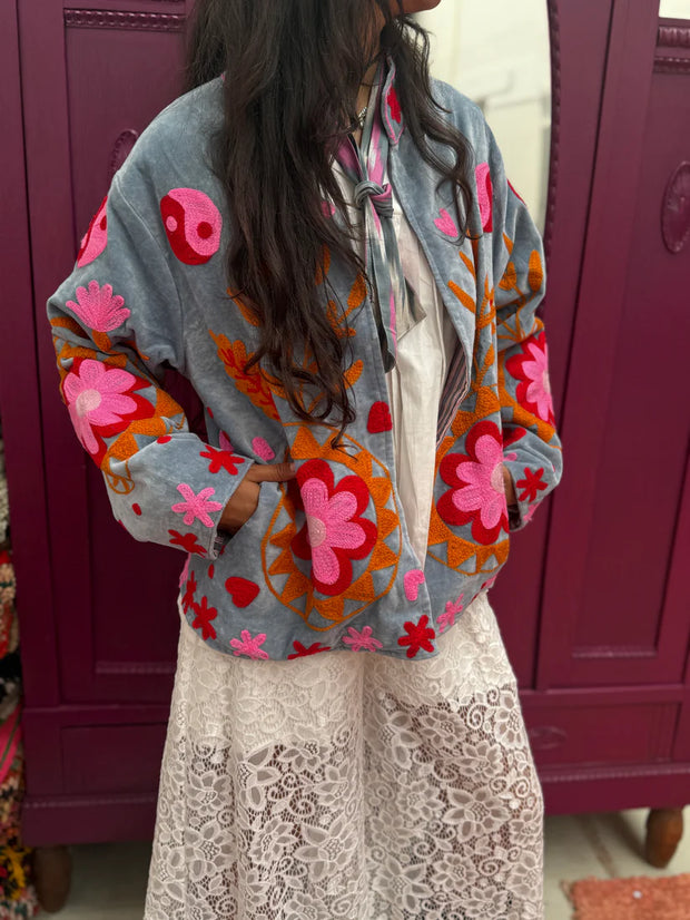Yin Yang Floral Embroidered Short Coat – Grey-Pink