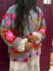 Yin Yang Floral Embroidered Short Coat – Grey-Pink