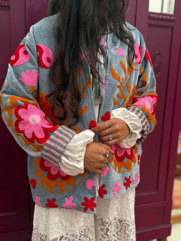 Yin Yang Floral Embroidered Short Coat – Grey-Pink