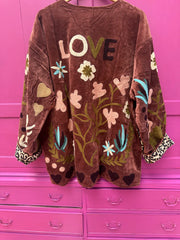 Love Embroidered Short Coat – Chocolate-Pink-Cream-Green