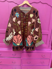 Love Embroidered Short Coat – Chocolate-Pink-Cream-Green