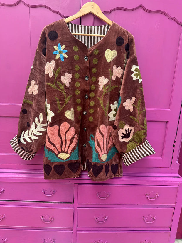 Love Embroidered Short Coat – Chocolate-Pink-Cream-Green