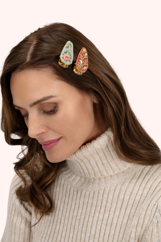 Jewelled Hair Clips (set of 2) - Ice Flowers/Tangerine Leaves