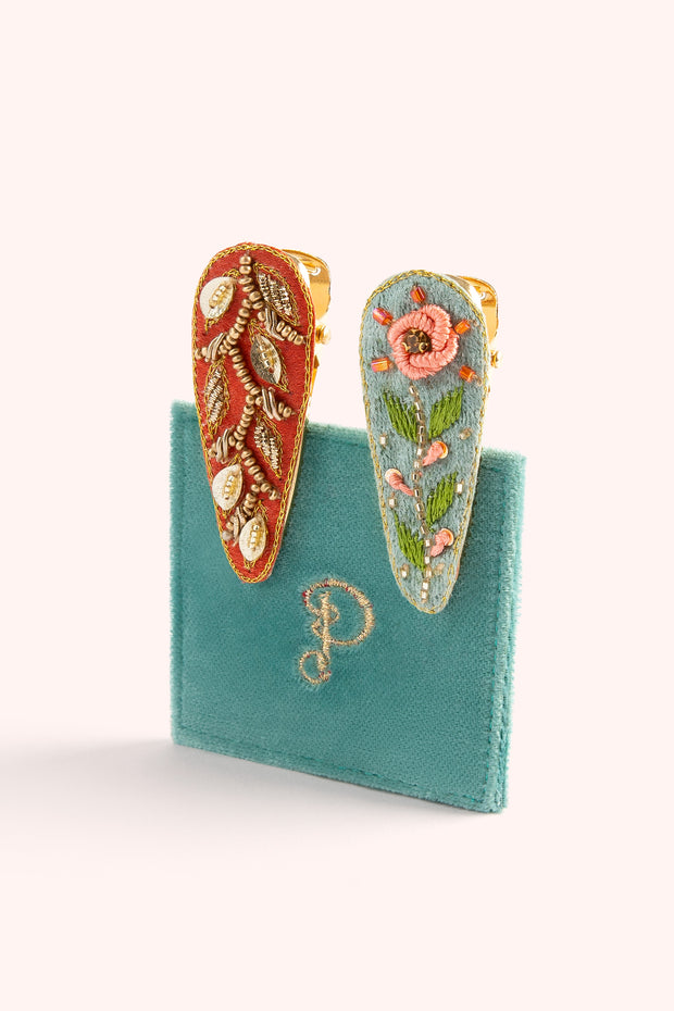 Jewelled Hair Clips (set of 2) - Ice Flowers/Tangerine Leaves