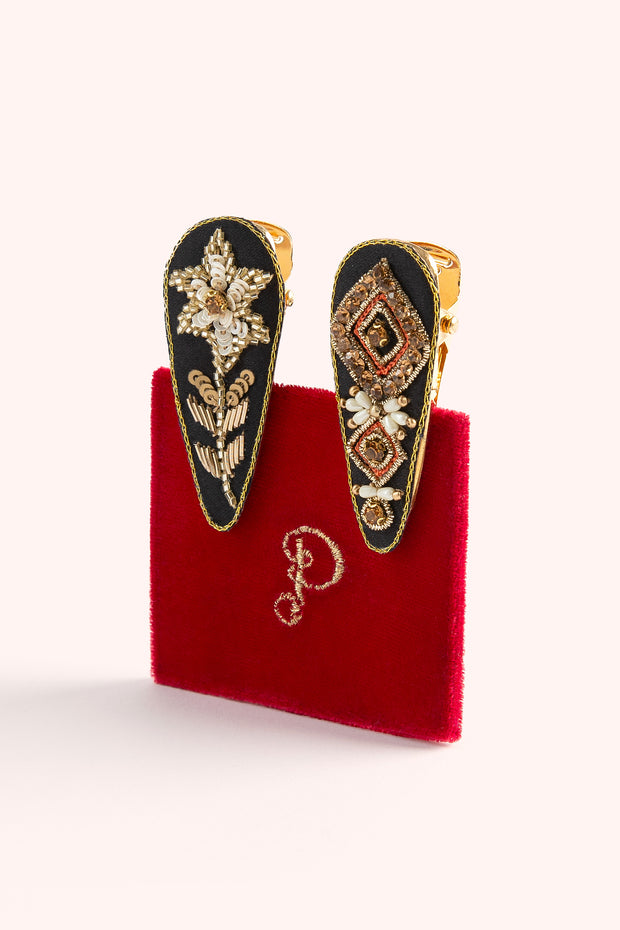 Jewelled Hair Clips (set of 2) - Midnight Floral/Deco (Red)