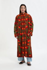 Long Velvet Embroidered Coat – Brown-Orange-Green