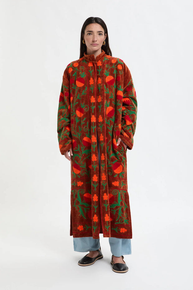 Long Velvet Embroidered Coat – Brown-Orange-Green