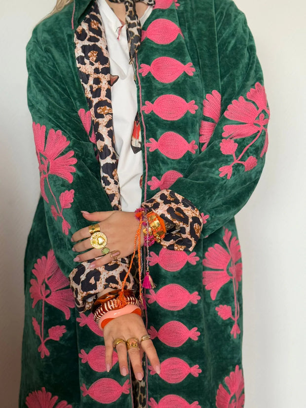 Long Velvet Embroidered Coat – Green-pink