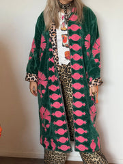 Long Velvet Embroidered Coat – Green-pink