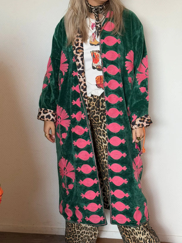 Long Velvet Embroidered Coat – Green-pink