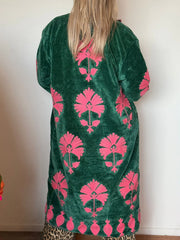 Long Velvet Embroidered Coat – Green-pink