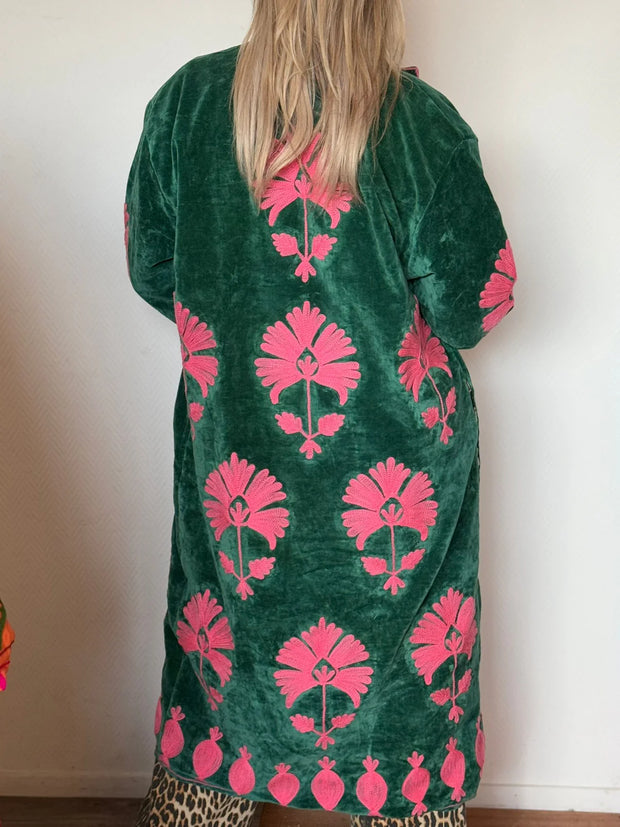 Long Velvet Embroidered Coat – Green-pink