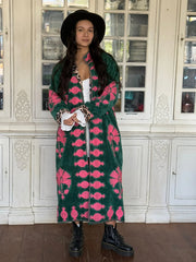 Long Velvet Embroidered Coat – Green-pink