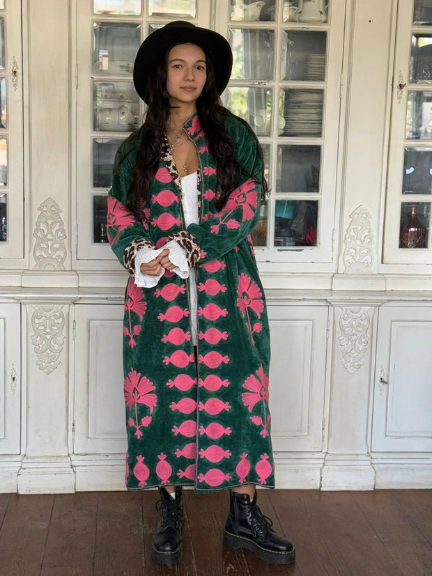 Long Velvet Embroidered Coat – Green-pink