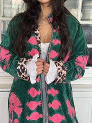 Long Velvet Embroidered Coat – Green-pink