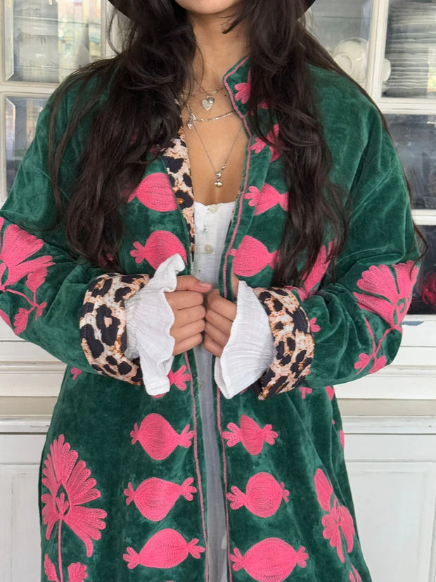 Long Velvet Embroidered Coat – Green-pink