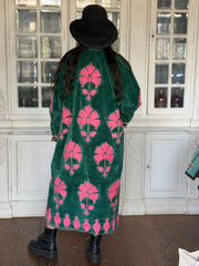 Long Velvet Embroidered Coat – Green-pink