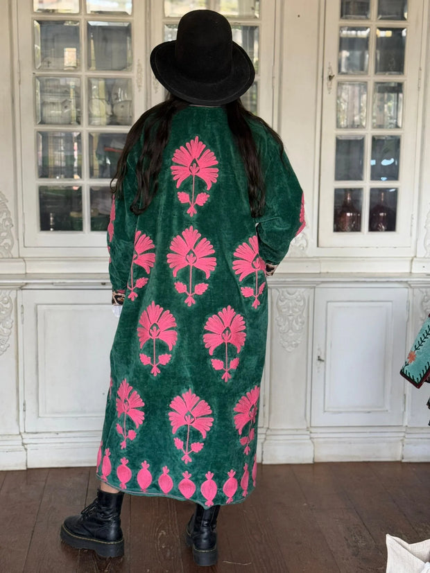 Long Velvet Embroidered Coat – Green-pink