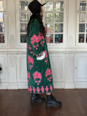 Long Velvet Embroidered Coat – Green-pink